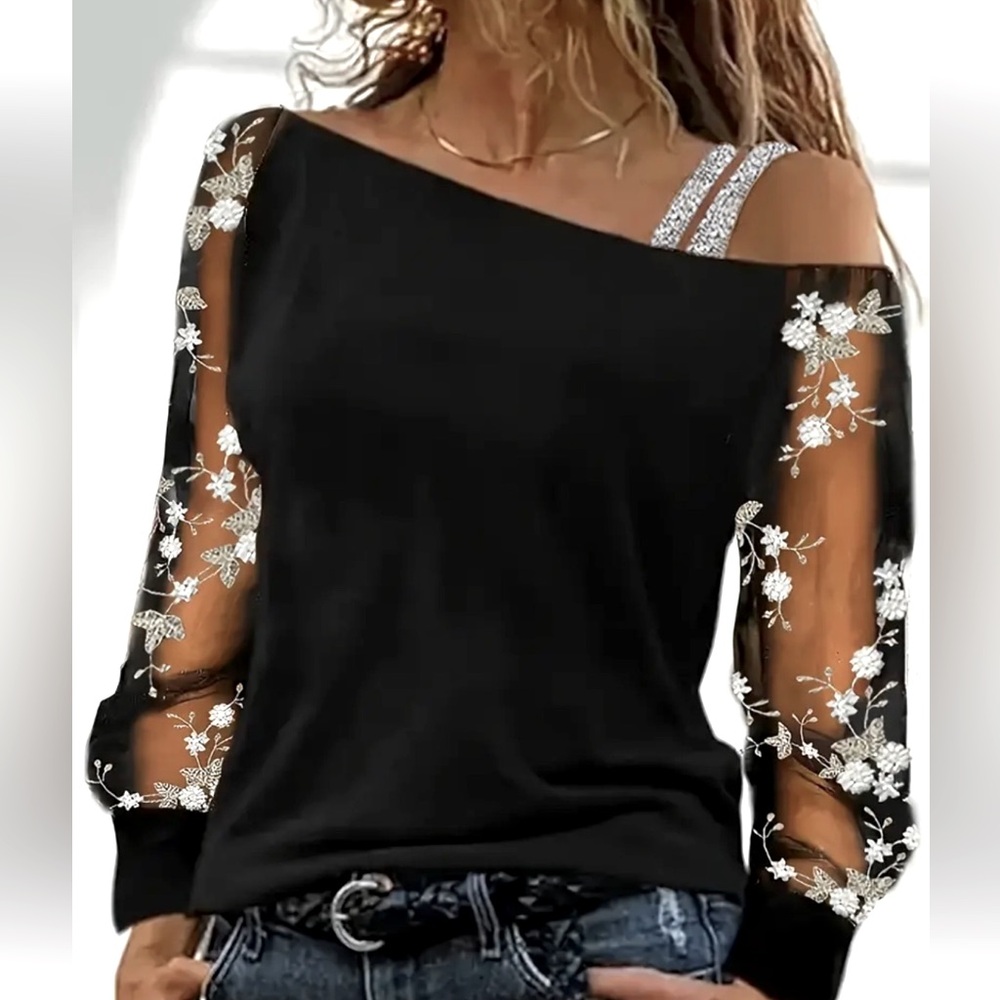 Black Off-Shoulder Mesh Sleeve Blouse with Floral Embroidery